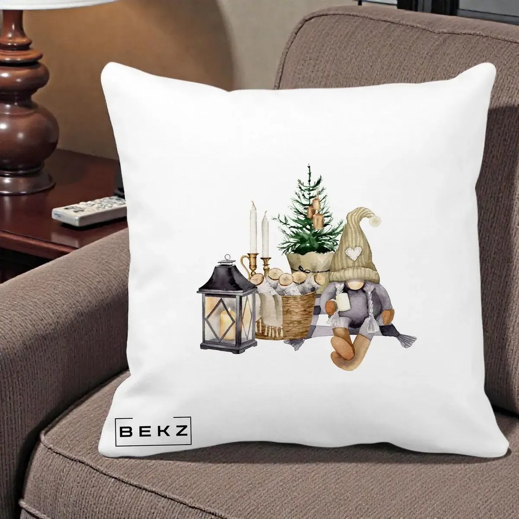 Perna Decorativa Gnom Scandinav cu Felinar, 40x40 cm, Alba Mata, Husa Detasabila, Perna Inclusa, BEKZ®