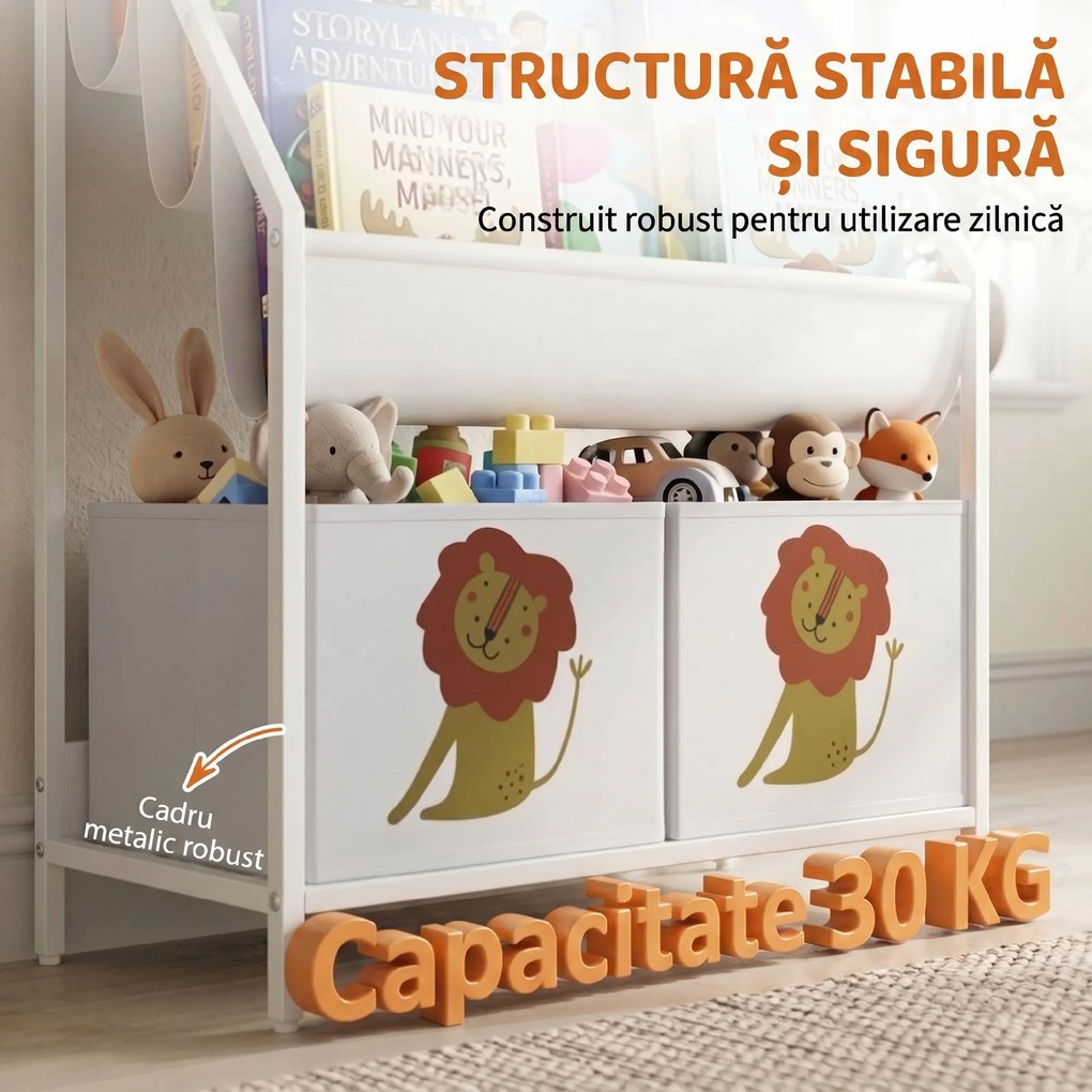 AIYAPLAY Bibliotecă Montessori pentru Copii 3-8 Ani cu 4 Rafturi și 2 Cutii cu Imprimeu Leu, Alb | Aosom Romania
