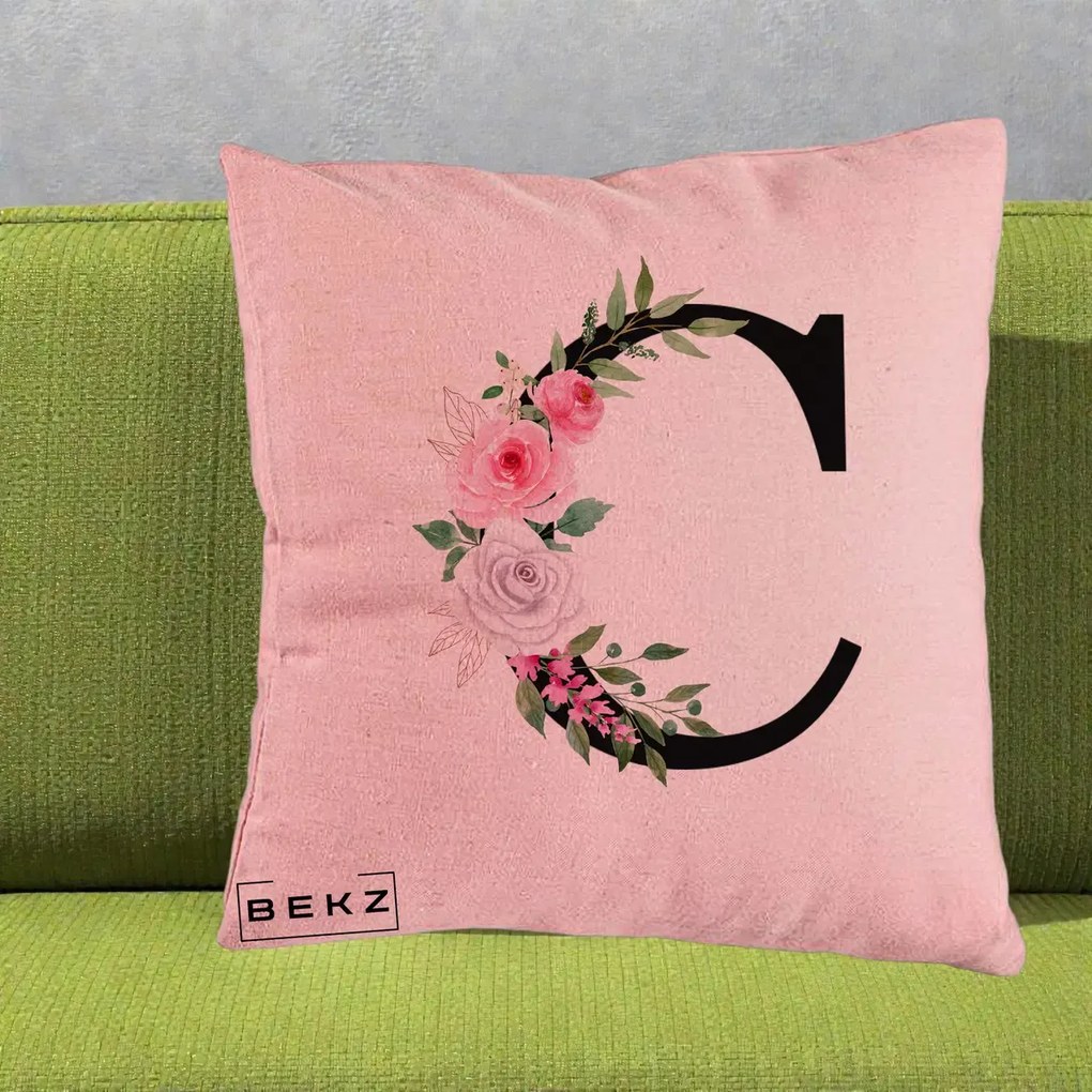 Cadou Personalizat - Perna Personalizata Monograma Florala Litera C, 40x40 cm, Roz, Husa Detasabila, Perna Inclusa, BEKZ®