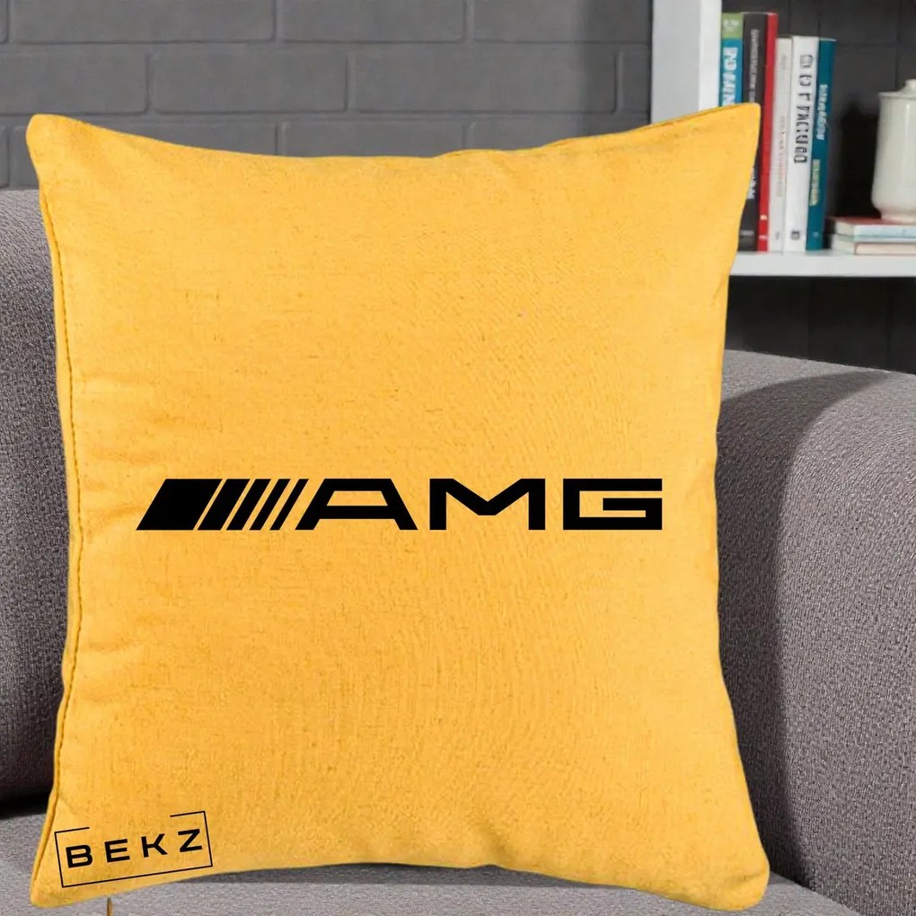 Perna Personalizata cu emblema Mercedes-AMG, 40x40 cm, Galben, Husa Detasabila, Perna Inclusa, BEKZ®