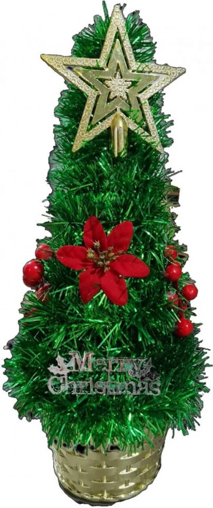 Brad artificial de Craciun NOVOKIDS™ Mini Christmas Tree, Pentru casa si birou, Cu decoratiuni si suport incluse, Coroana bogata, Inaltime 35 cm, Pom