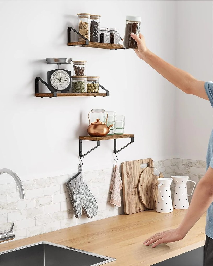 Polițe de perete cu console ABBY, 3 bucăți, 30/35/40x12cm, negru/maro Vasagle