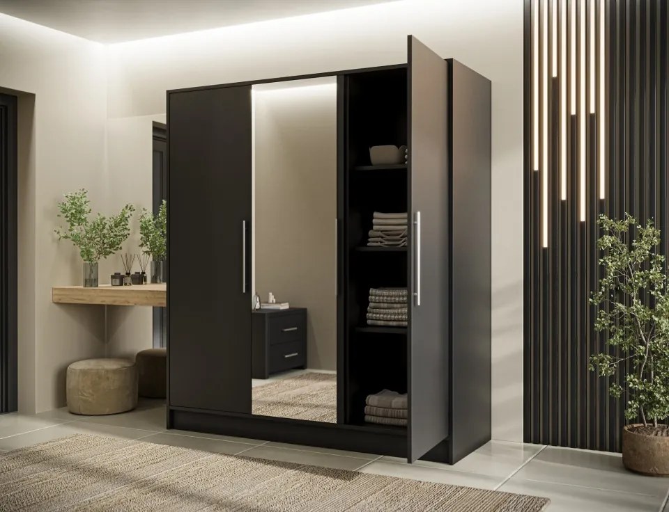 Dulap cu 3 usi si oglinda Alarica 180x60x200 cm – Negru