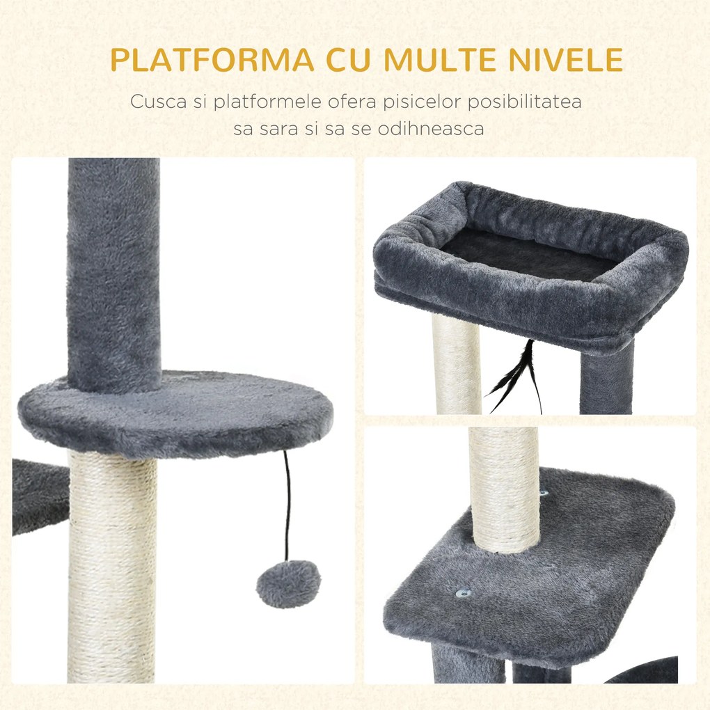 Ansamblu Multinivel PawHut pentru Pisici, Stâlpi de Zgâriat în Sisal, Material Ecologic, 147cm | Aosom Romania