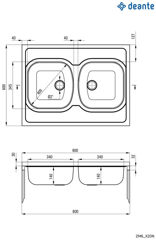 Chiuvetă din inox, 2-cuve - pe mască, Tango, ZM6_020N