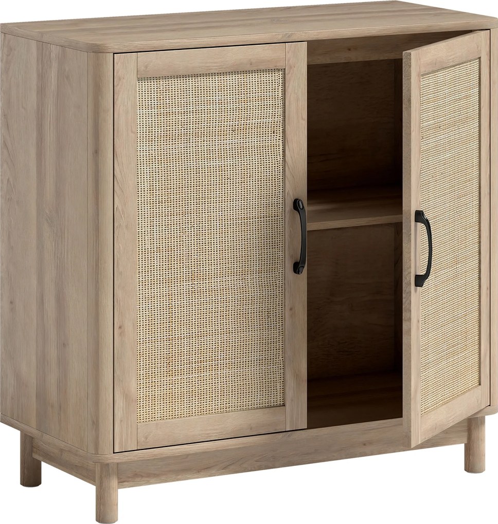 HOMCOM Bufet pentru living, mobilier de depozitare cu 2 uși din ratan, poliță reglabilă și margini rotunjite, 76 x 35 x 75,5 cm, stejar | Aosom Romania