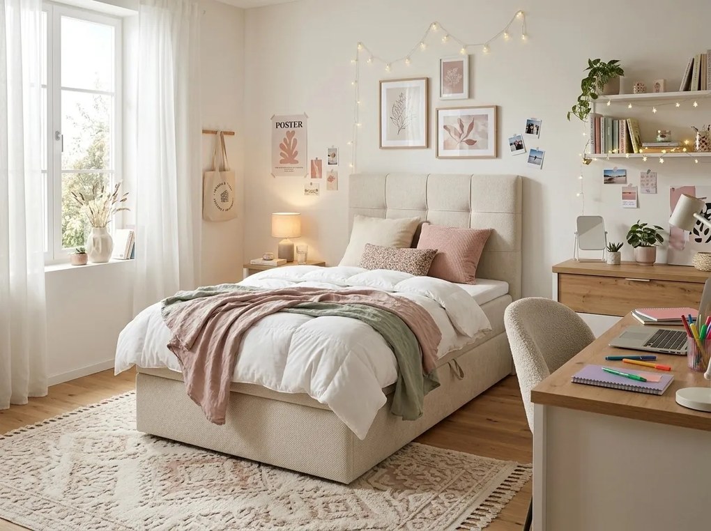 Pat tapițat boxspring DIRELIS VIBE 90x200 cm cremova Saltea: Saltea cu arcuri Bonell