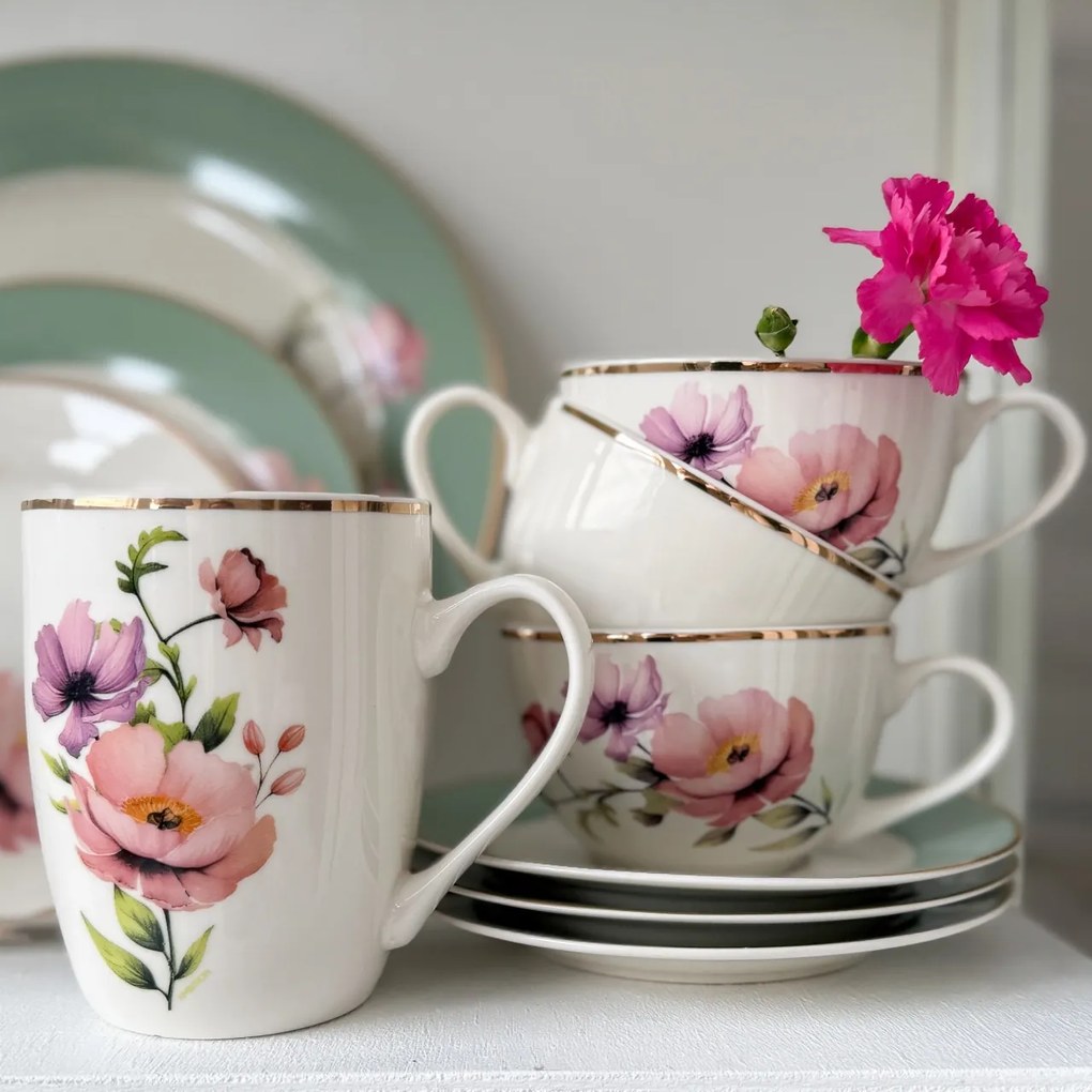 Set servire ceai sau cafea, 12 piese, 6 persoane, Flores