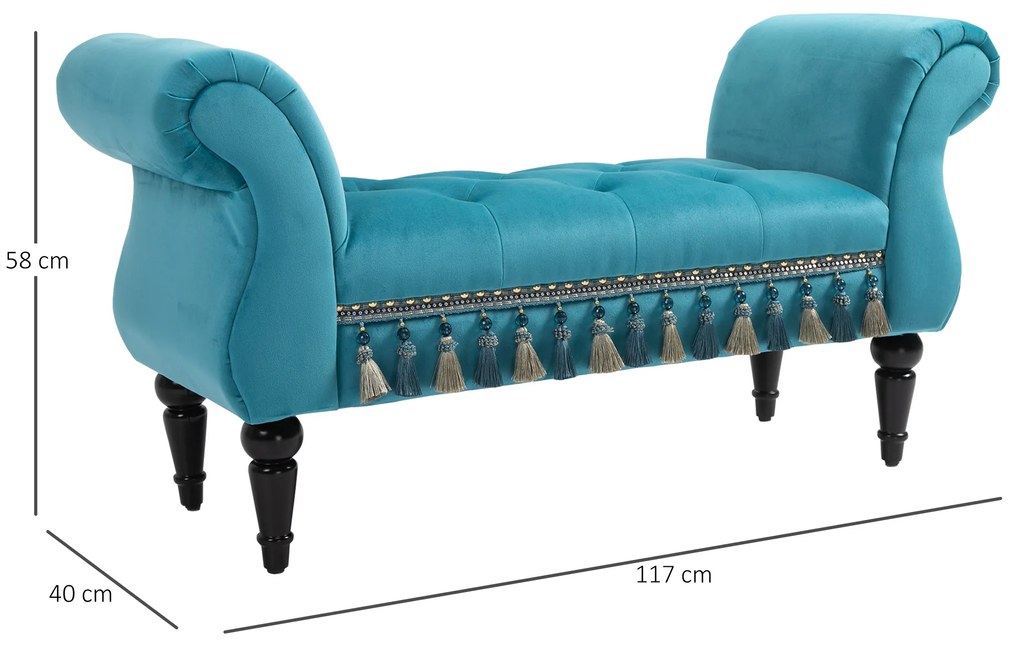 HOMCOM Bancă de șezut tapitată, aspect catifelat, bancă de pat de lux cu picioare din lemn, bancă de hol pentru dormitor, capacitate de încărcare până la 150 kg, Albastru, 117 x 40 x 58 cm | Aosom Romania