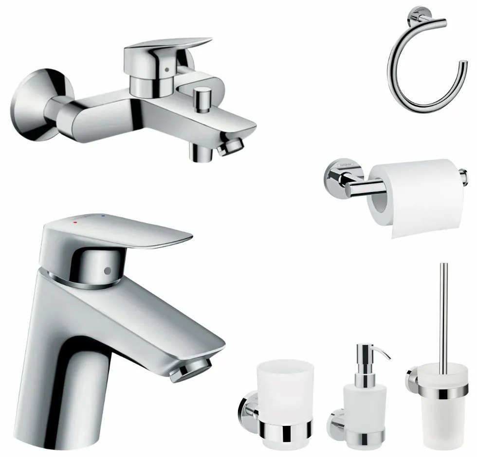 Set baterie cada si baterie lavoar cu accesorii baie Hansgrohe Logis, crom lucios