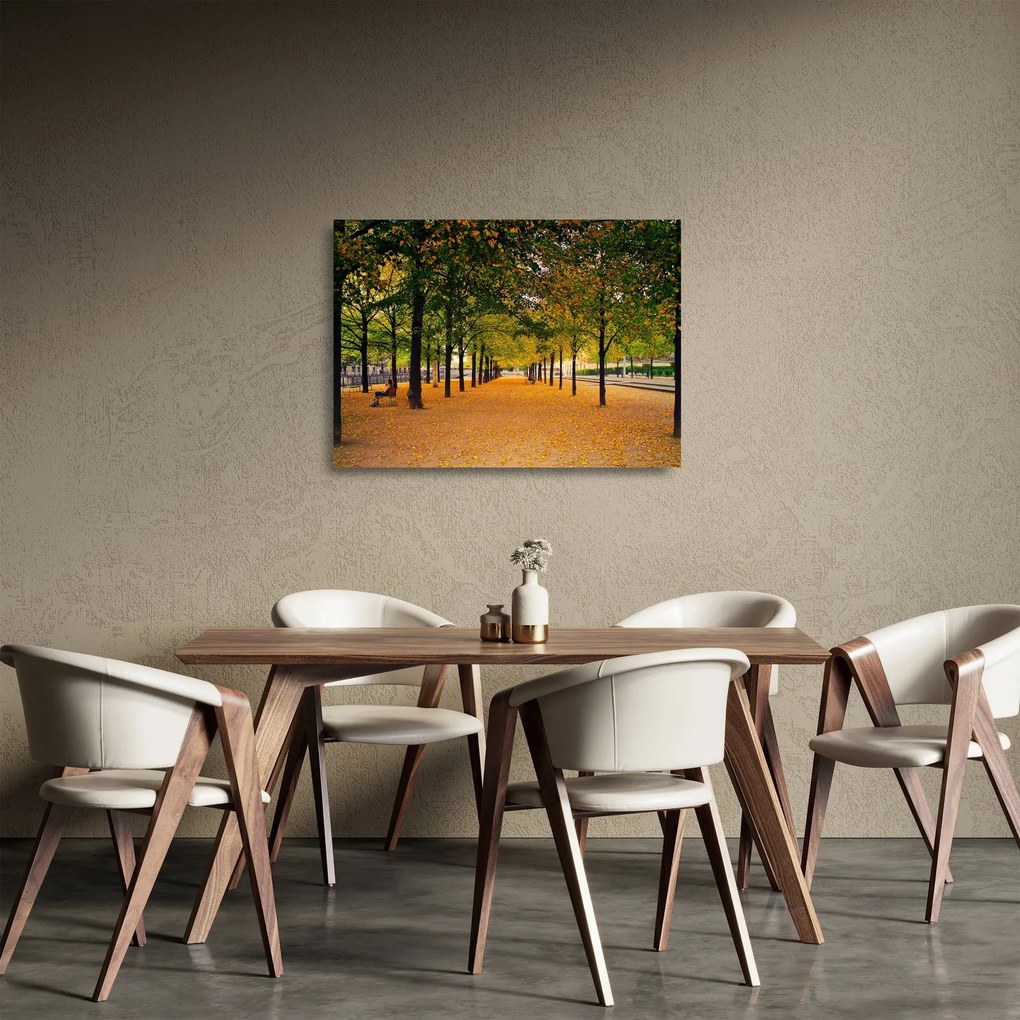 Tablou pe sticlă cu alee cu copaci în toamnă (70x50 cm)