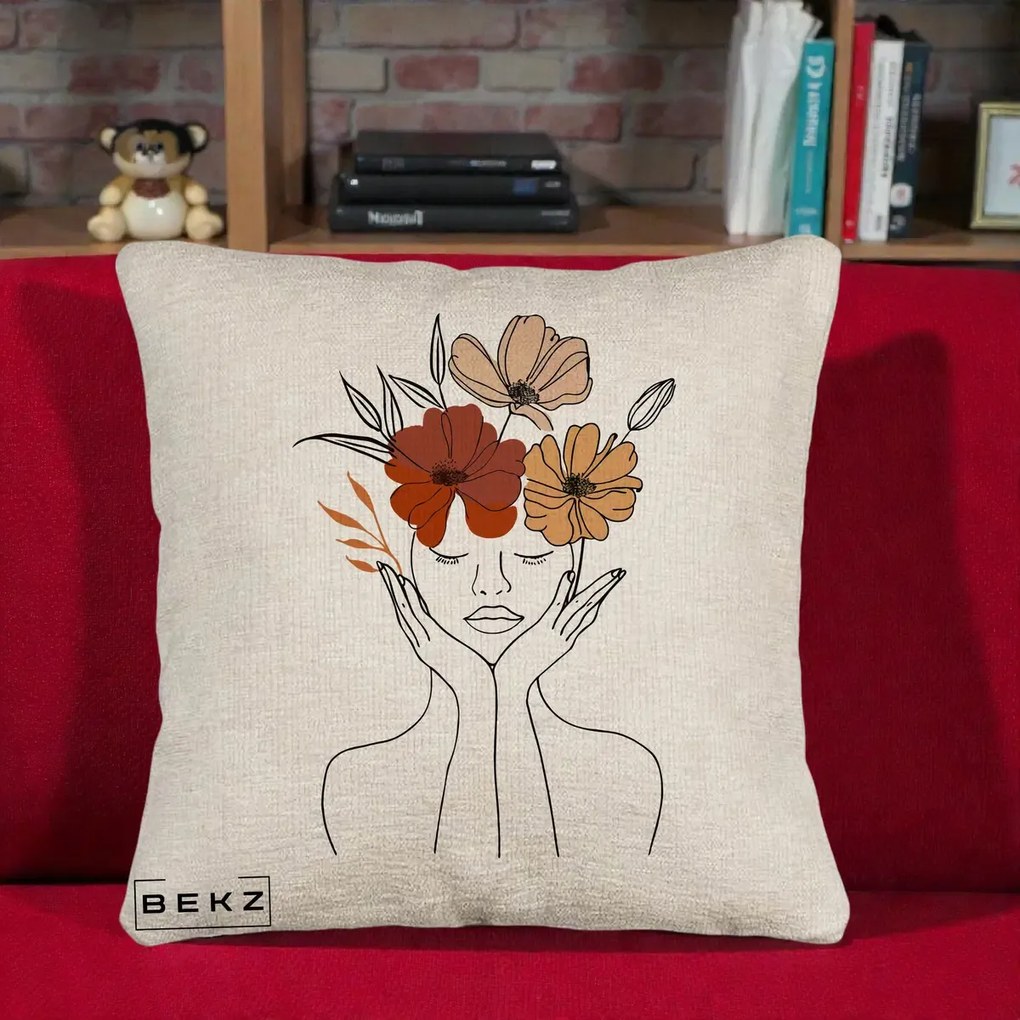 Perna Decorativa Portret Feminin Coroana Trei Flori, 40x40 cm, Bej Canapea, Husa Detasabila, Perna Inclusa, BEKZ®