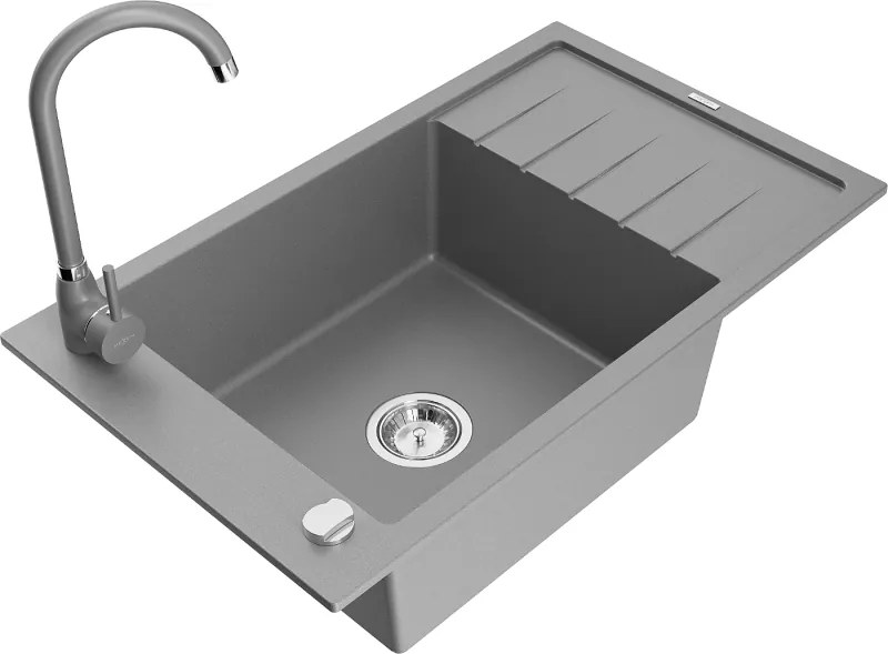Mexen Elias chiuvetă de bucătărie din granit cu 1 compartiment și scurgător și baterie Telma, gri - 6511-71-670200-71