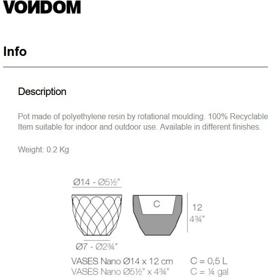 Vaza / Ghiveci de flori / plante / exterior / interior design modern premium VASES NANO PLANTER 14x12 47012F Vondom