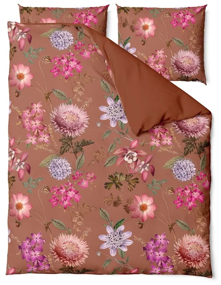 Lenjerie de pat din bumbac satinat pentru pat dublu Bonami Selection Blossom, 200 x 220 cm, maro teracotă