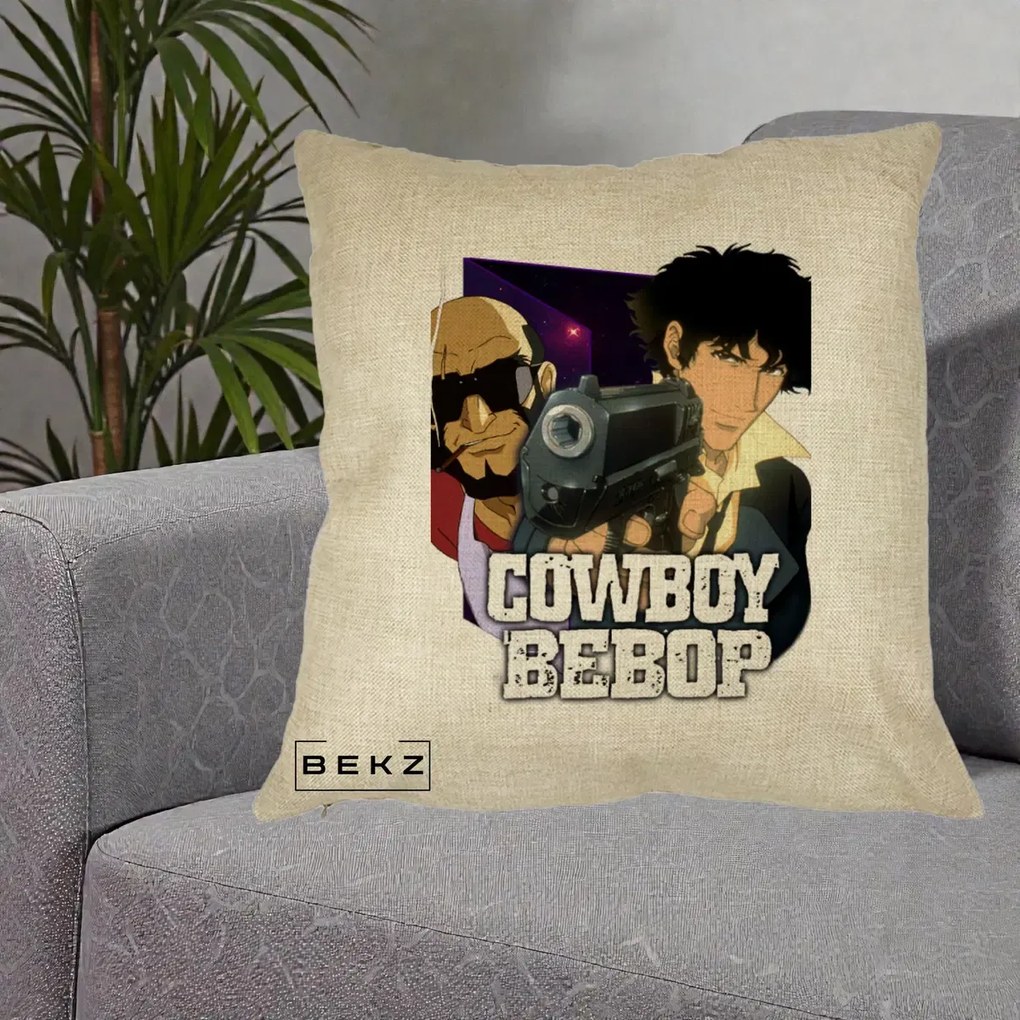 Perna Personalizata Cowboy Bebop Spike si Jet Poster, 40x40 cm, Crem, Husa Detasabila, Perna Inclusa, BEKZ®