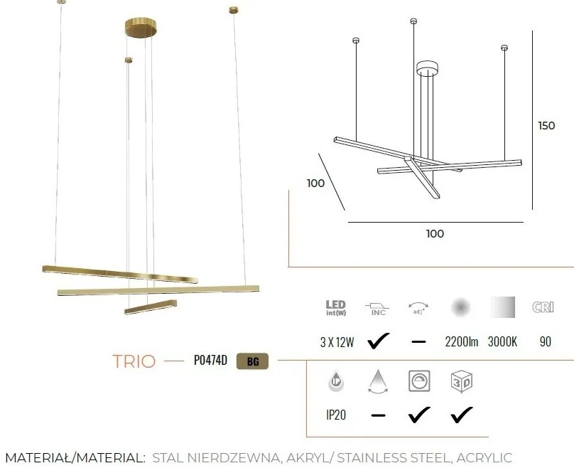 Lustra LED dimabila design modern TRIO 3 auriu periat