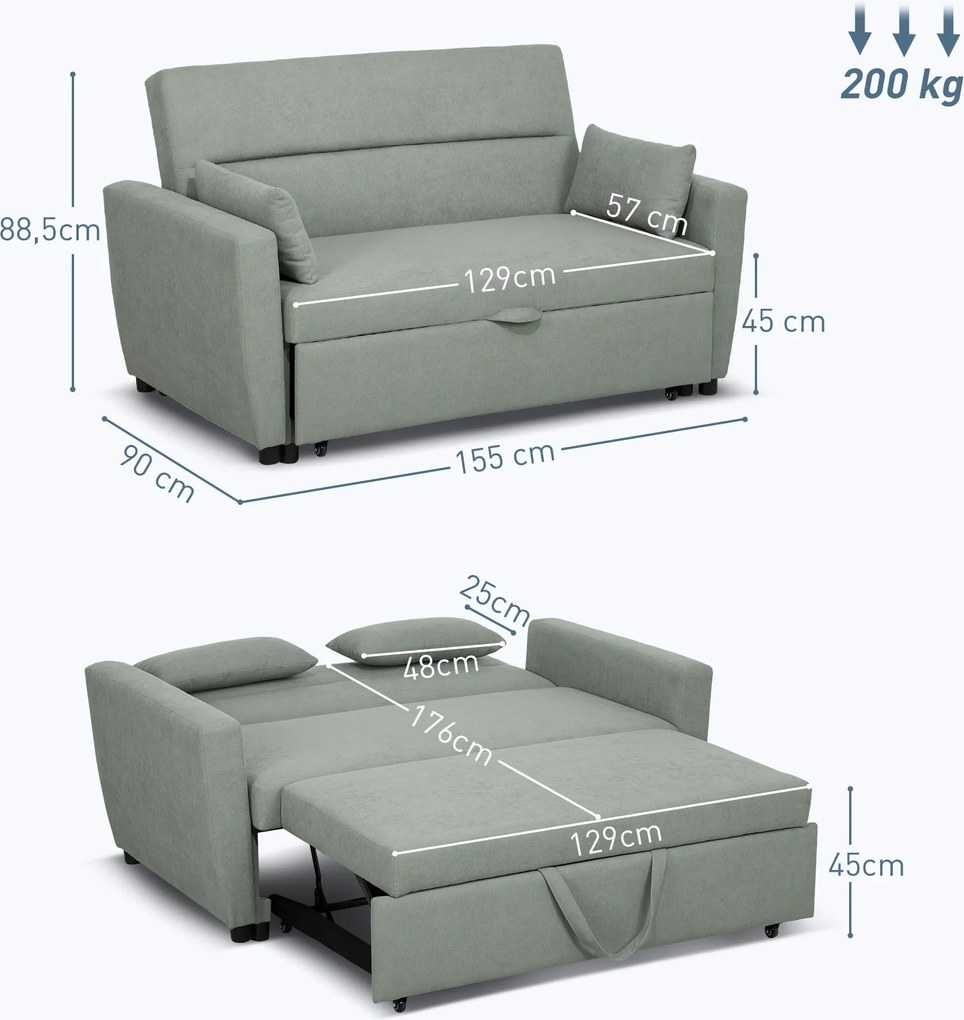 HOMCOM Canapea 2 locuri cu funcție de pat, spătar reglabil, canapea tapițată, aspect catifea, pentru living, dormitor, Gri deschis | Aosom Romania