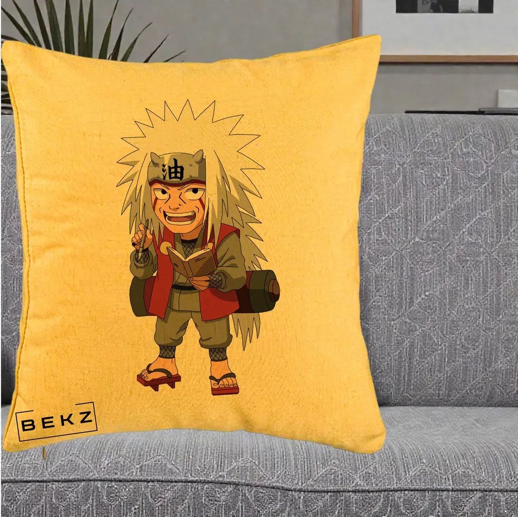 Perna Personalizata Naruto Jiraiya Sensei Chibi, 40x40 cm, Galben, Husa Detasabila, Perna Inclusa, BEKZ®