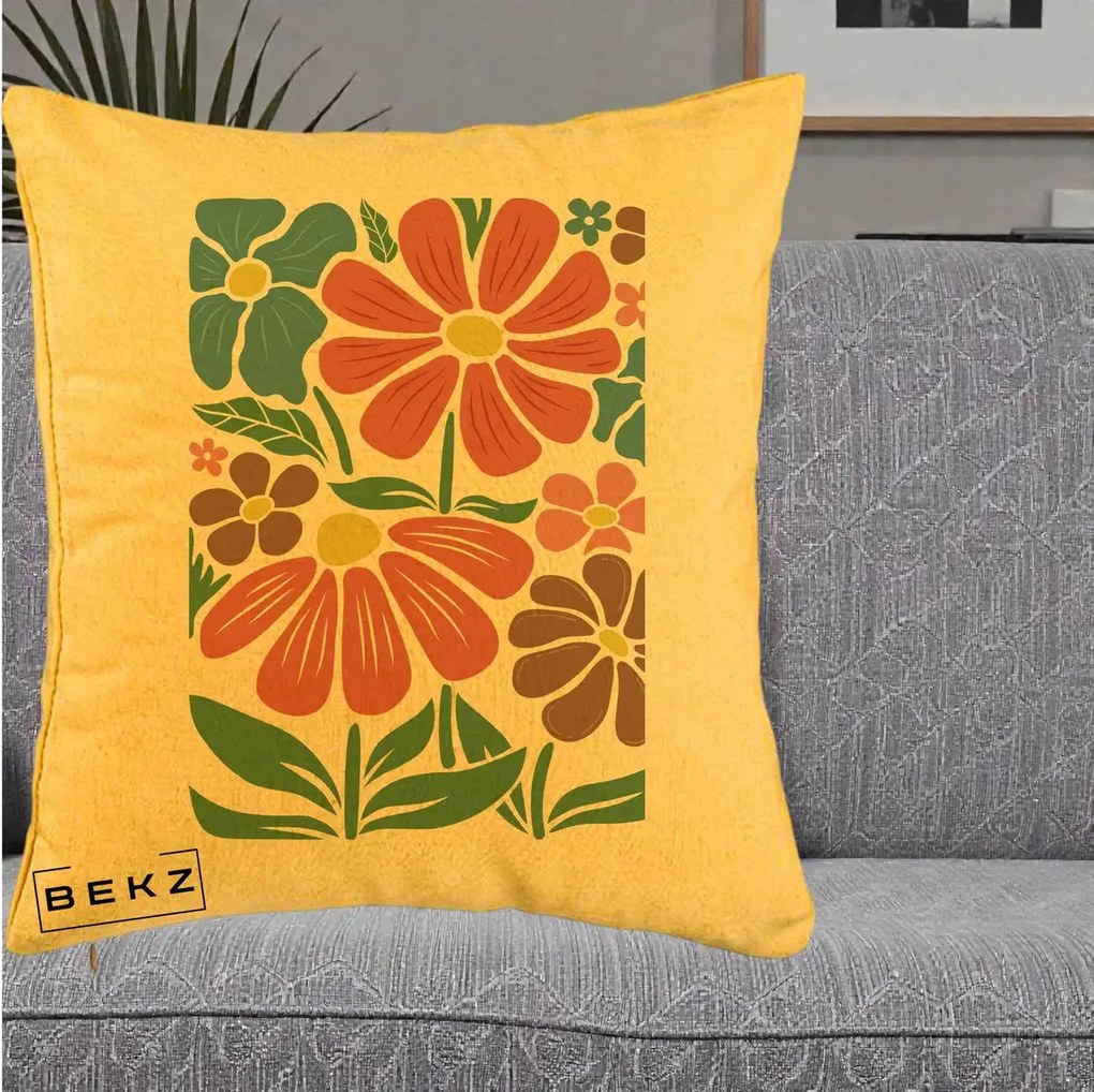 Perna decorativa cu flori: Flori Grafice Colorate Retro, 40x40 cm cu Umplutura, Galben, BEKZ