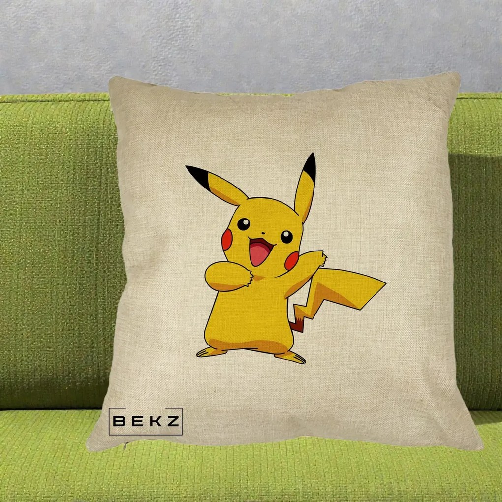 Perna Personalizata Pikachu Fericit, 40x40 cm, Crem, Husa Detasabila, Perna Inclusa, BEKZ®