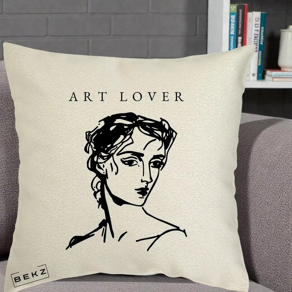 Perna Decorativa Art Lover Portret Grafic, 40x40 cm, Ecru, Husa Detasabila, Perna Inclusa, BEKZ®