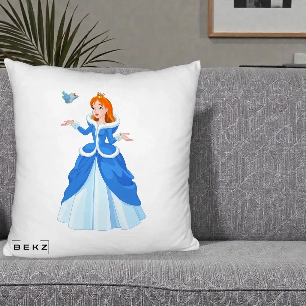 Perna Personalizata Printesa Albastra cu Pasare, 40x40 cm, Alb Pufos, Husa Detasabila, Perna Inclusa, BEKZ®