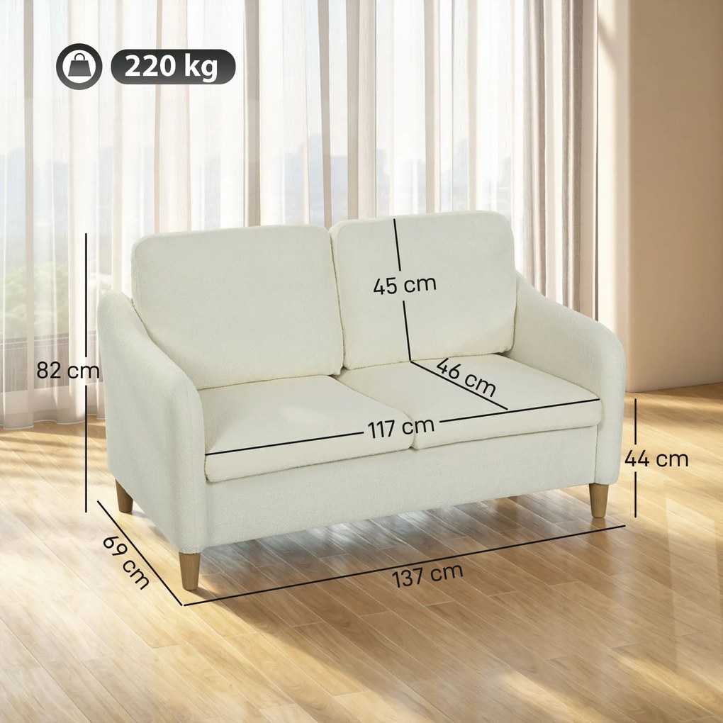 HOMCOM Canapea 2 locuri mică cu aspect Sherpa-Fleece 137 cm pentru living crem-alb | Aosom Romania