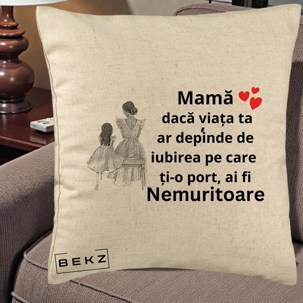 Cadou pentru Mama - Perna Personalizata Mama Nemuritoare Line Art, 40x40 cm, Bej, Husa Detasabila, Perna Inclusa, BEKZ®