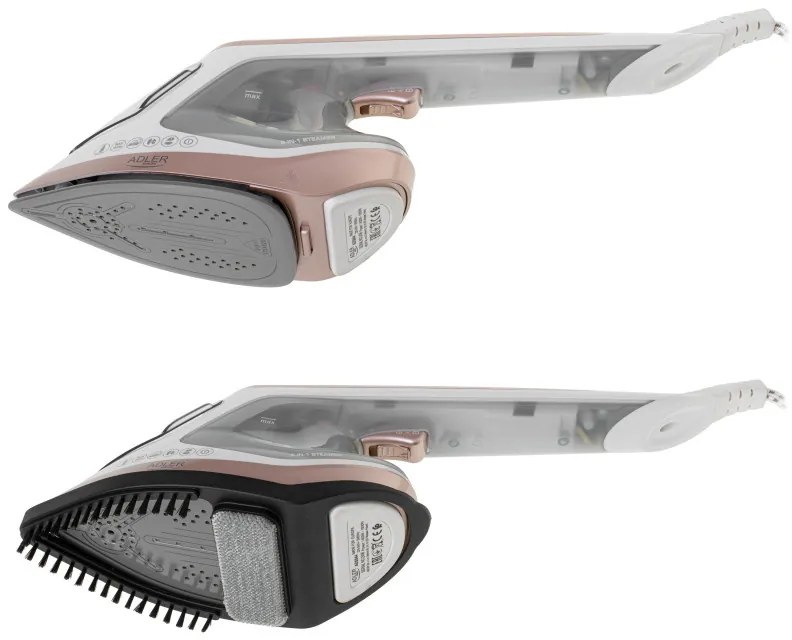 Fier de calcat cu aburi 2in1 Adler AD 5044, 1800W, 180ml, 25g/min, Placă ceramica, Afisaj LED, Calcare verticala si orizontală, Alb/Galben