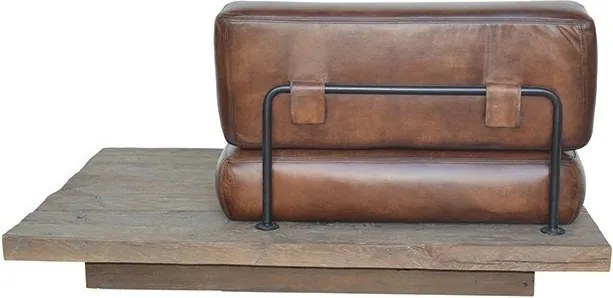 Canapea modulară 1 loc din piele naturală maro, cu platformă din lemn reciclat pe stânga și spătar pe cadru metalic, 82 x 140 x 90 cm, „Oxford”