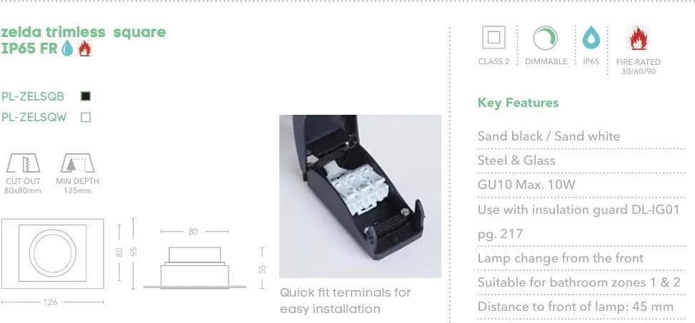 Spot incastrabil rezistent foc protectie IP65 Zelda Trimless Square negru