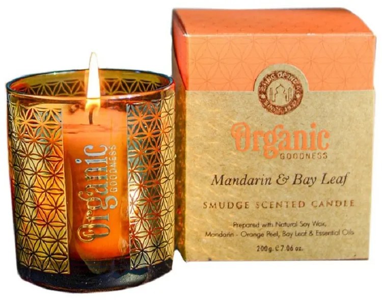 Lumânare aromată organică Mandarin &amp; Bay Leaf200 g în sticlă cu folie aurie
