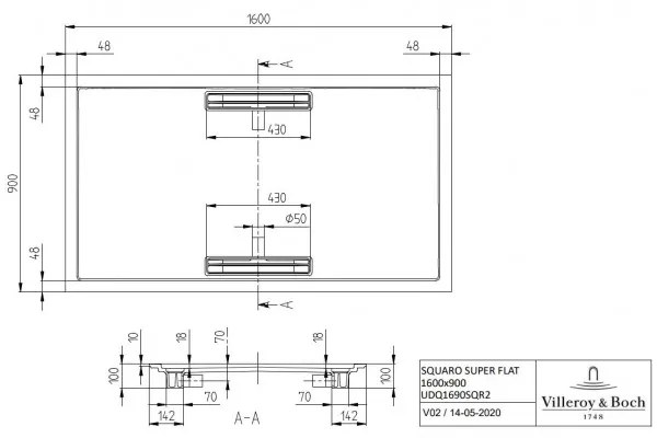 Cadita de dus dreptunghiulara, Villeroy&amp;Boch Squaro, 160x90cm, H1.8cm, Alb Alpin, UDQ1690SQR2V-01