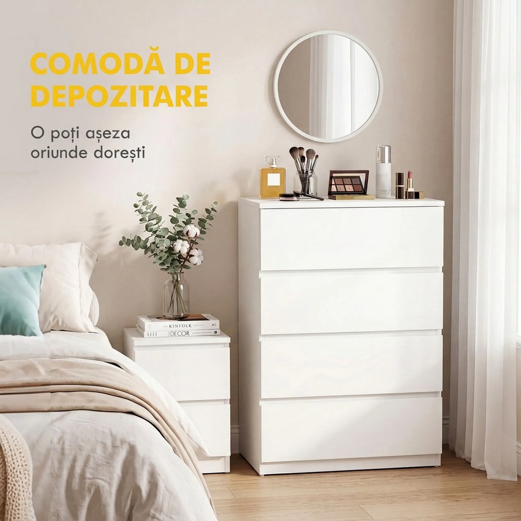 HOMCOM Comodă cu 4 Sertare, Organizator de Depozitare cu Ghidaje Metalice și Mânere cu Caneluri, 60x40x80 cm, Alb | Aosom Romania