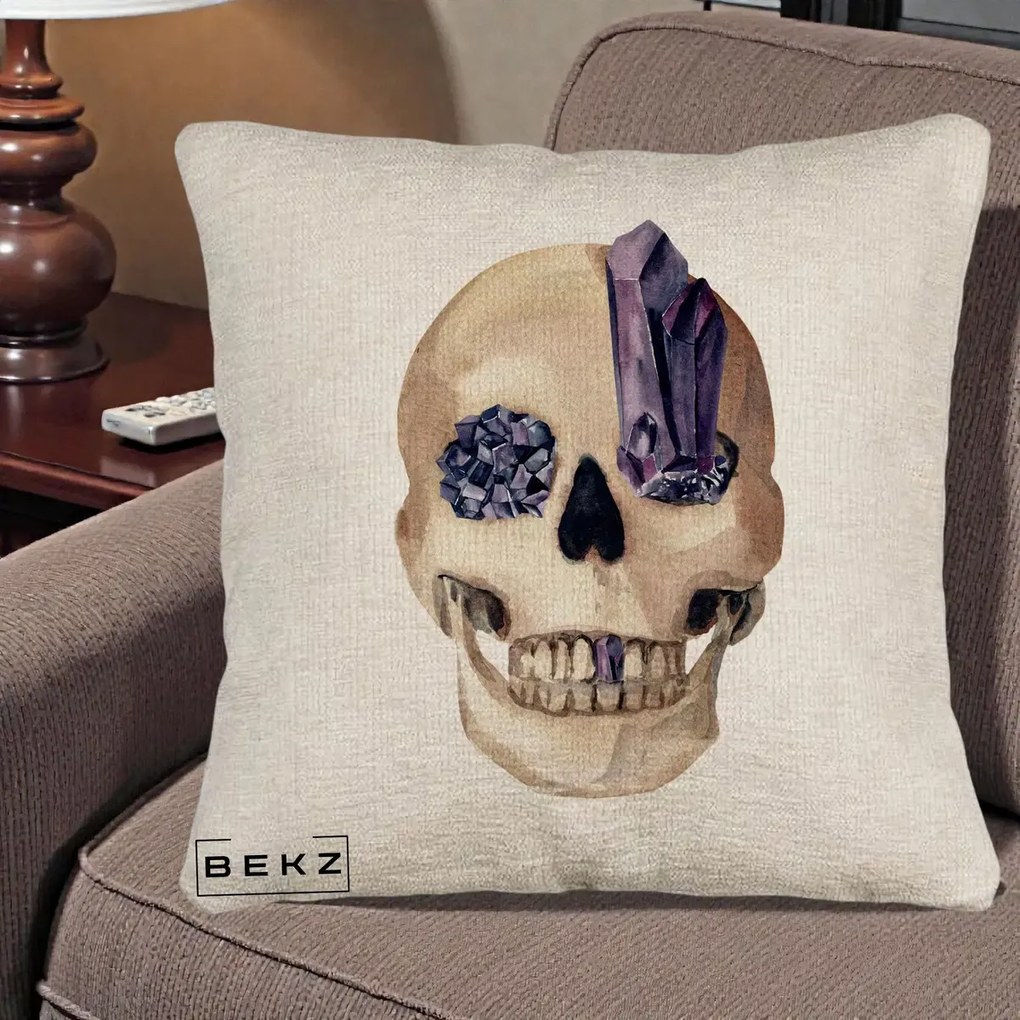 Perna Decorativa Craniu cu Cristale de Ametist, 40x40 cm, Bej Canapea, Husa Detasabila, Perna Inclusa, BEKZ®