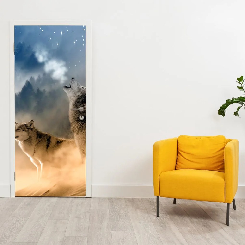 Fototapet pentru ușă - Lupii urlând la lună (95x205cm)