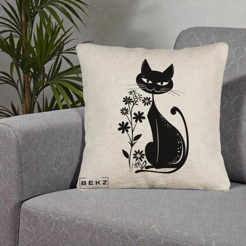 Perna Decorativa Pisica Neagra Grafica Minimalista, 40x40 cm, Bej Canapea, Husa Detasabila, Perna Inclusa, BEKZ®