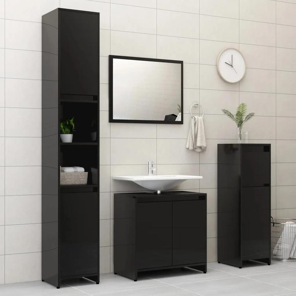 Set mobilier de baie, 3 piese, negru extralucios, PAL negru foarte lucios, 1