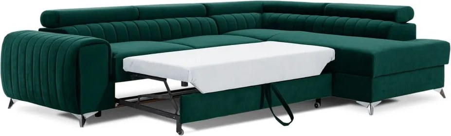 Colțar verde extensibil/cu spațiu de depozitare cu tapițerie din catifea (cu colț pe partea dreaptă/în formă de ”L”) Laurence – ELTAP