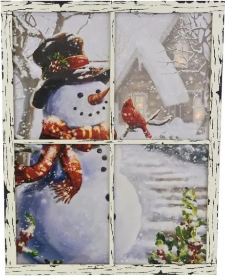 Pictură pe perete Om de zăpadă la fereastră, 3 LED-uri, 49 x