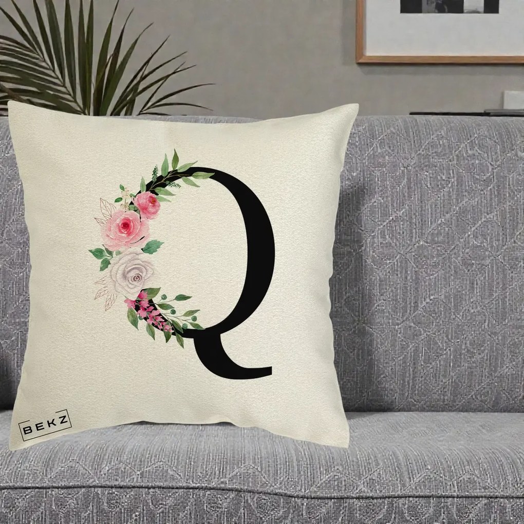 Cadou Personalizat - Perna Personalizata Monograma Florala Litera Q, 40x40 cm, Ecru, Husa Detasabila, Perna Inclusa, BEKZ®