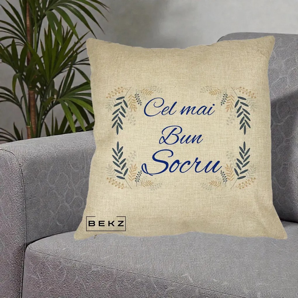 Cadou pentru Socru - Perna Personalizata Cel mai Bun Socru cu Ramuri Frunze Albastre si Aurii, 40x40 cm, Crem, Husa Detasabila, Perna Inclusa, BEKZ®