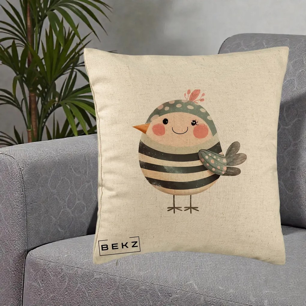 Perna Decorativa Pui Kawaii Teal cu Flori, 40x40 cm, Bej, Husa Detasabila, Perna Inclusa, BEKZ®
