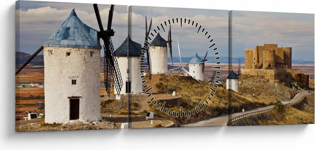 Tablou - Morile de vânt din Consuegra, Spania (cu ceas) (90x30 cm)