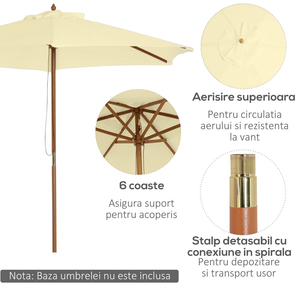 Outsunny Umbrelă de Soare pentru Grădină cu Suport din Lemn, Design Elegant, 2.5x2.3m, Crem, Protecție UV | Aosom Romania
