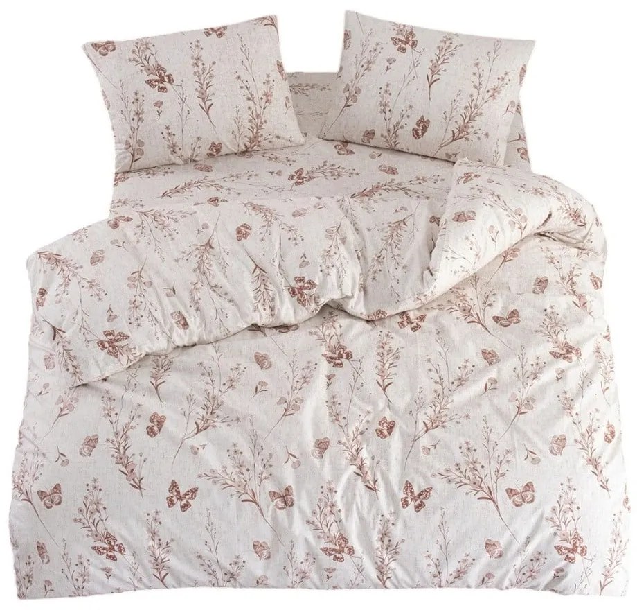 Lenjerie de pat bej pentru pat dublu, extinsă cu cearceaf inclus, cu 4 piese 200x220 cm Floral Butterfly – Mila Home