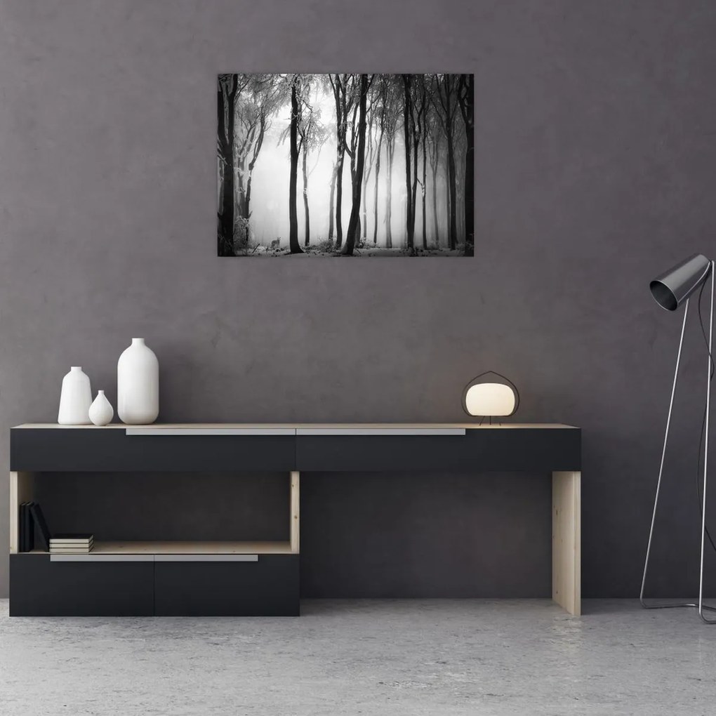 Tablou pe sticlă - Lup în pădurea întunecată (70x50 cm)