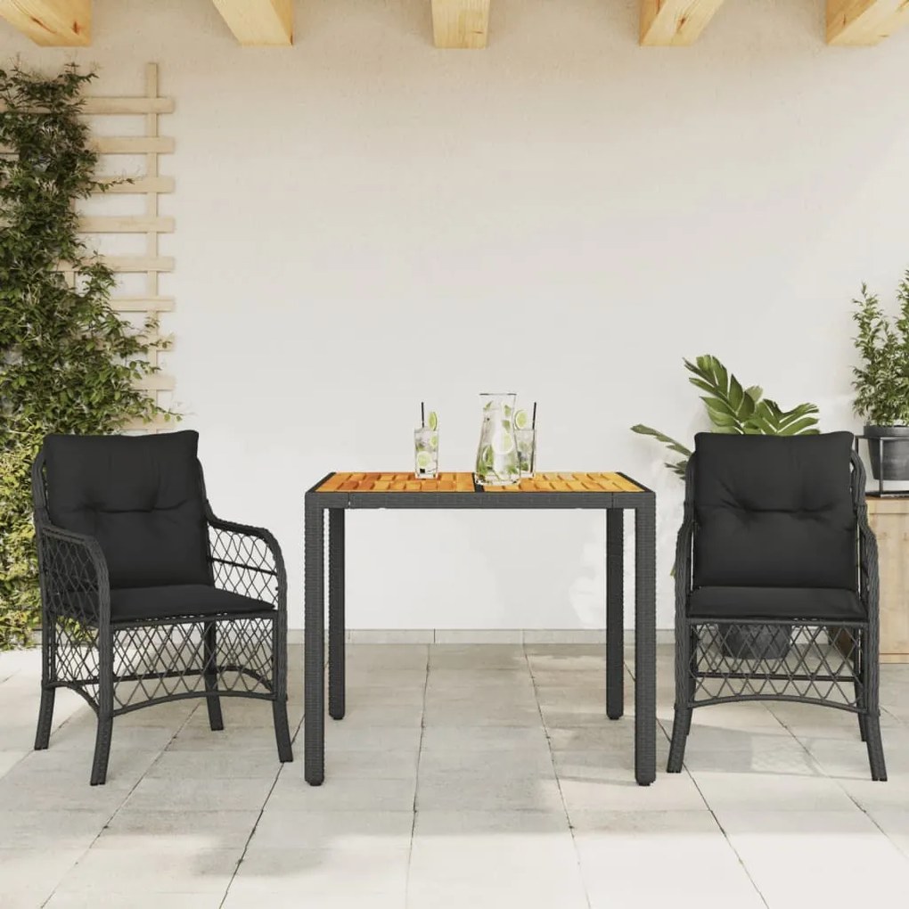 vidaXL Set bistro cu perne, 3 piese, negru, poliratan