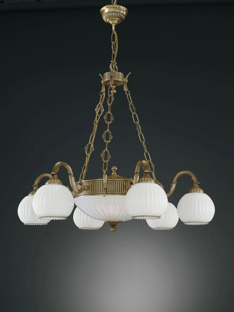 Candelabru cu 6 brate clasic design italian din alama, sticla 9200 RA-L. 9200/6+2